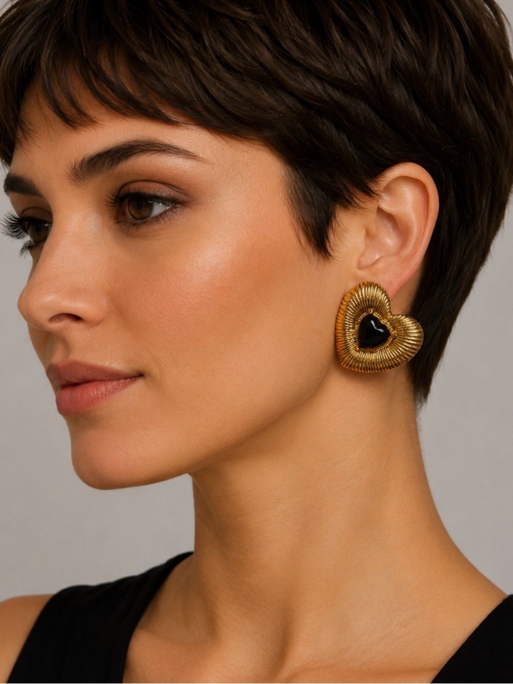 Gold Heart Statement Earrings with Black Heart 🖤 Center